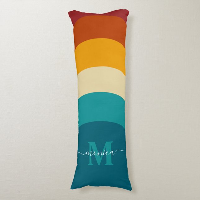 Rainbow Monogram Custom Name Retro Sunset Stripe  Body Cushion (Front Vertical)