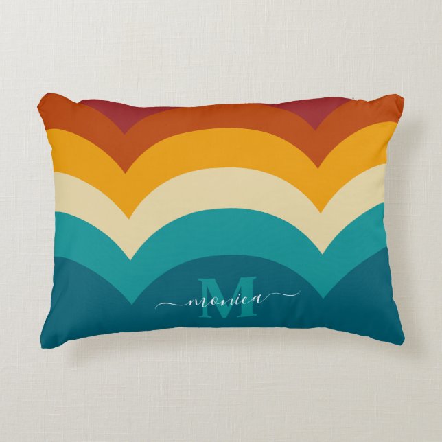 Rainbow Monogram Custom Name Retro Sunset Stripe  Decorative Cushion (Front)