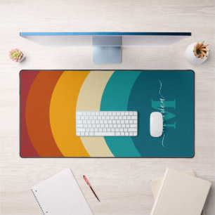 Rainbow Monogram Custom Name Retro Sunset Stripe  Desk Mat
