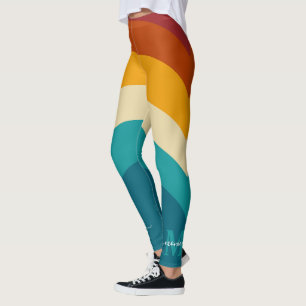 Rainbow Monogram Custom Name Retro Sunset Stripe  Leggings