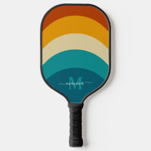 Rainbow Monogram Custom Name Retro Sunset Stripe Pickleball Paddle
