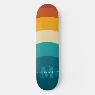 Rainbow Monogram Custom Name Retro Sunset Stripe  Skateboard