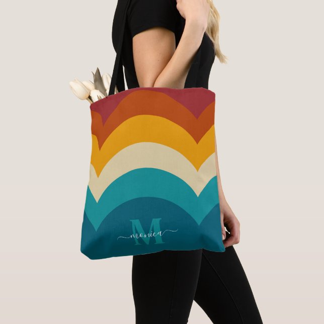 Rainbow Monogram Custom Name Retro Sunset Stripe  Tote Bag (Close Up)