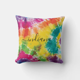 Rainbow Monogram Name Colourful Script Tie Dye Cushion