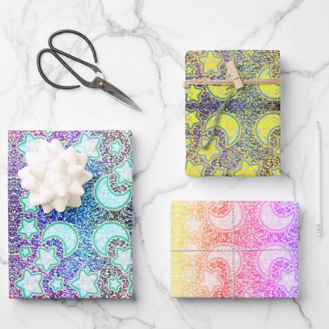 Rainbow Moon with Galaxy Glowing Stars Wrapping Paper Sheet (Front)