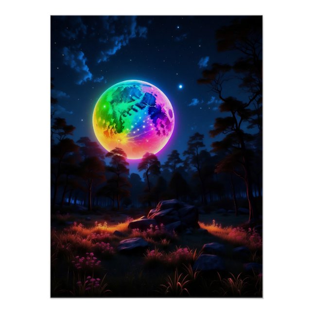 Rainbow Moonlit Forest – Vibrant Cosmic Nightscape Poster (Front)
