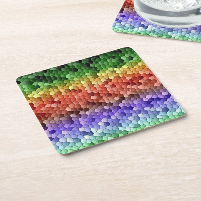 Rainbow Mosaic Pattern Square Paper Coaster (Angled)