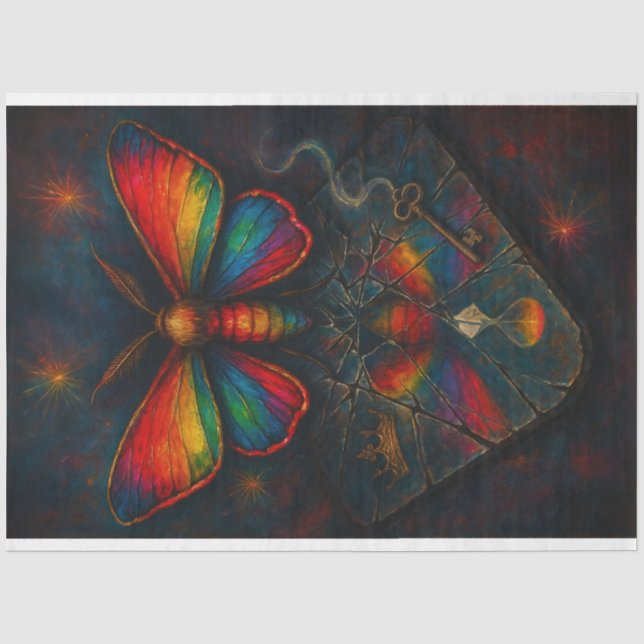 Rainbow Moth Above a Broken Mirror Decoupage Paper (Front)