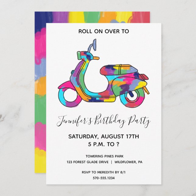 Rainbow Motor Scooter Moped Party Invitation (Front/Back)