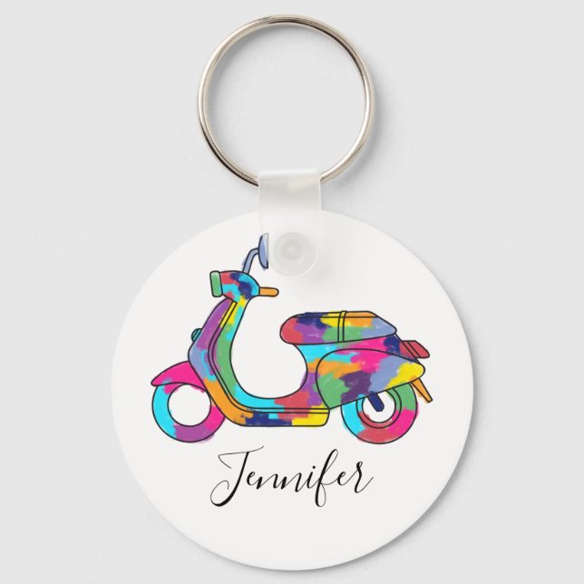 Rainbow Motor Scooter Moped Personalised Key Ring (Front)