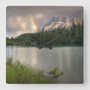 Rainbow & Mountains, Alberta Canada Square Wall Clock
