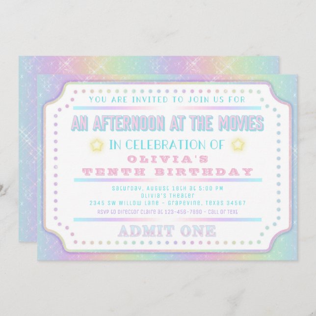 Rainbow Movie Ticket Birthday Party Invitation (Front/Back)
