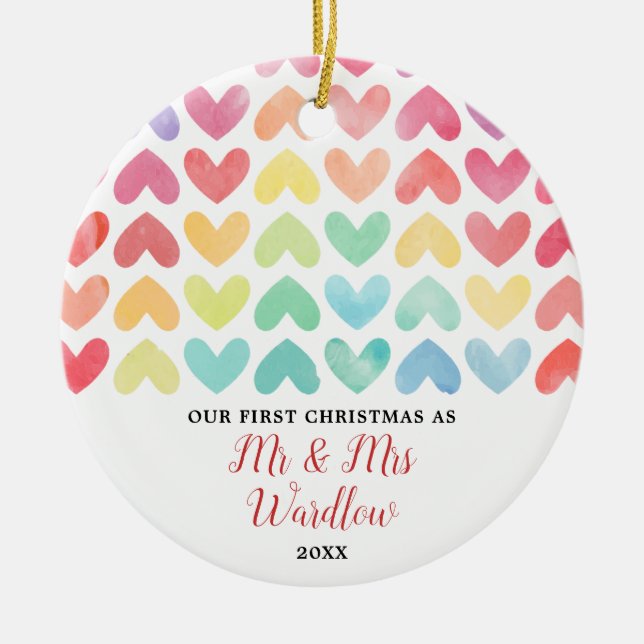 Rainbow Mr & Mrs or Gay Personalised Couple Ceramic Ornament (Front)