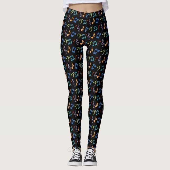 Rainbow Music Note Black Leggings (Front)
