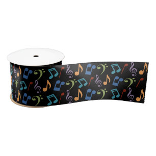 Rainbow Music Notes (Black) Satin Ribbon