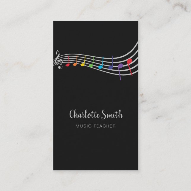 Rainbow Music Notes Music Teacher Elegant Business Card (Front)