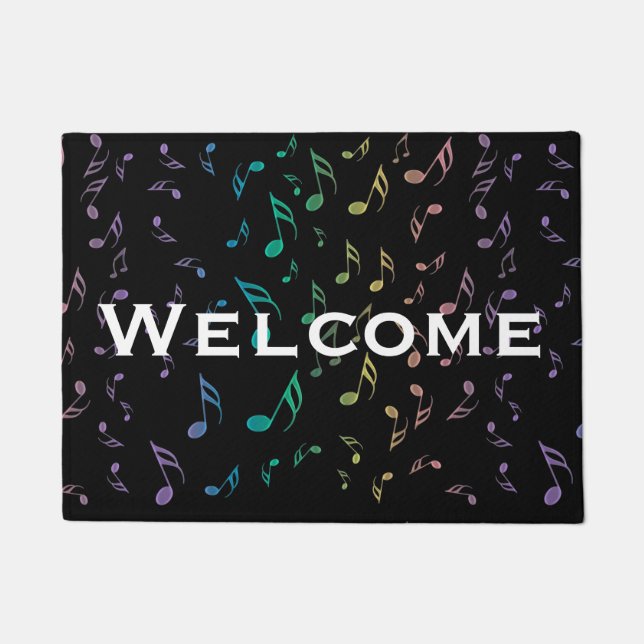 Rainbow Music Notes On Black Doormat (Front)