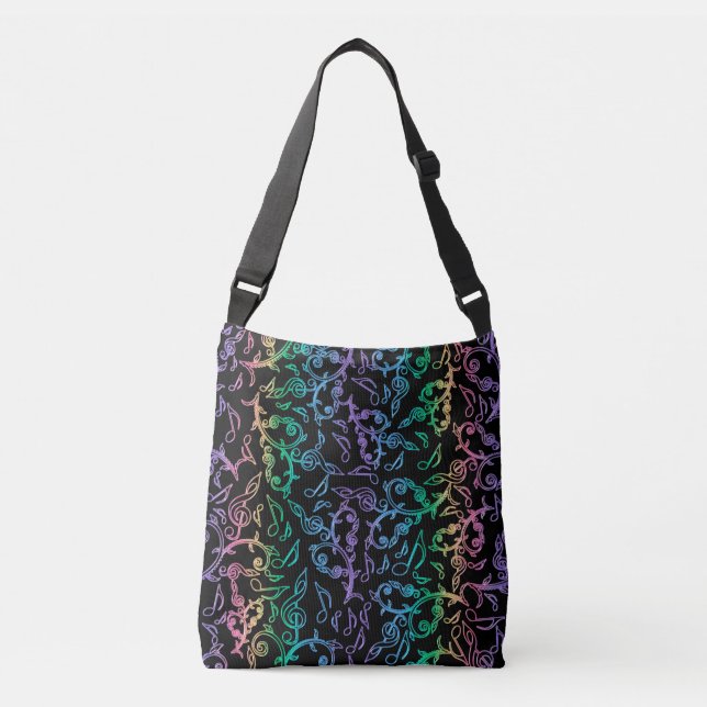Rainbow Music Notes Pattern On Black Tote Bag (Front)