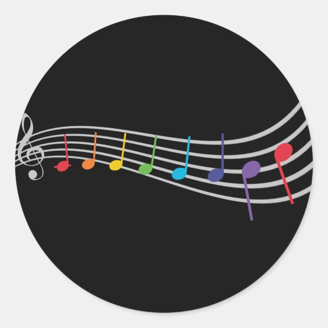 Rainbow Music Notes Treble Clef Elegant Silver Classic Round Sticker (Front)