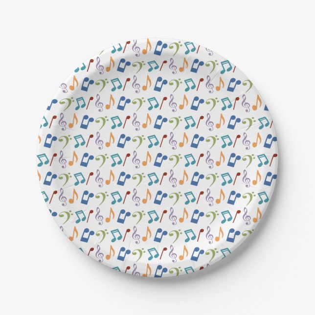 Rainbow Music Notes (White) Party Paper Plate (Front)