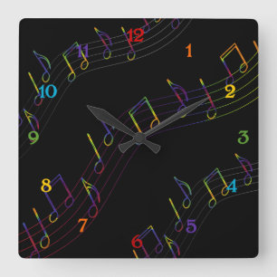 Rainbow Musical Notes Square Wall Clock