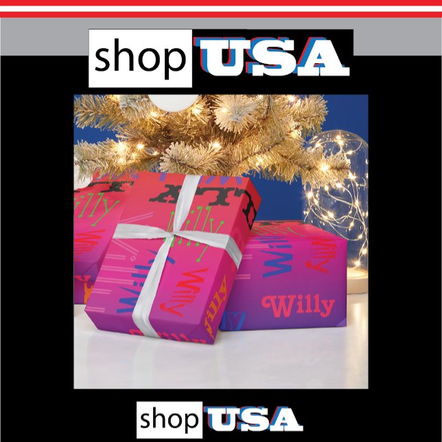 Rainbow Name Collage 🎁 Amazing Word Cloud Fun Fab Wrapping Paper (shop America USA)