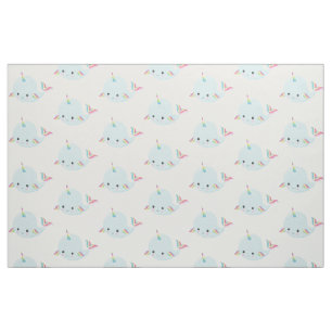 Rainbow Narwhal Kawaii Pattern in Pastel Blue Fabric
