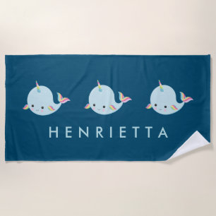 Rainbow Narwhal Kawaii Pattern Pastel Blue Name  Beach Towel