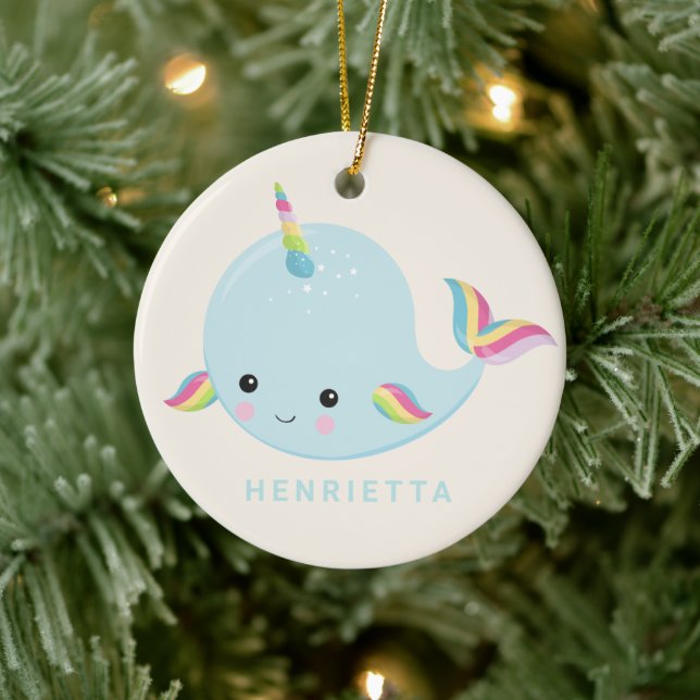 Rainbow Narwhal Kawaii Pattern Pastel Blue Name Ceramic Ornament (Tree)