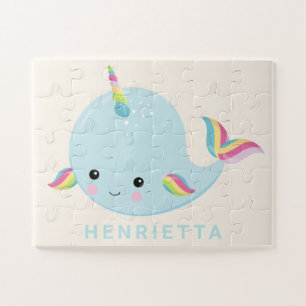 Rainbow Narwhal Kawaii Pattern Pastel Blue Name Jigsaw Puzzle