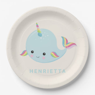 Rainbow Narwhal Kawaii Pattern Pastel Blue Name Paper Plate