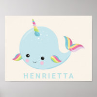 Rainbow Narwhal Kawaii Pattern Pastel Blue Name
