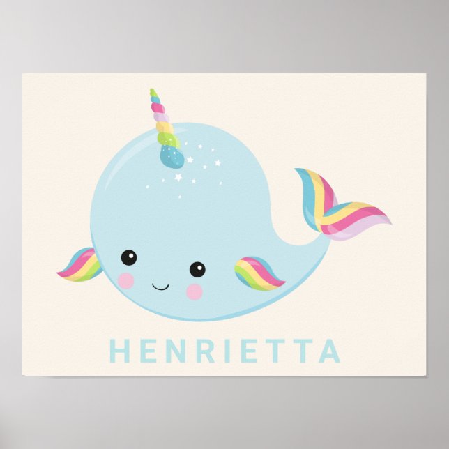 Rainbow Narwhal Kawaii Pattern Pastel Blue Name Poster (Front)