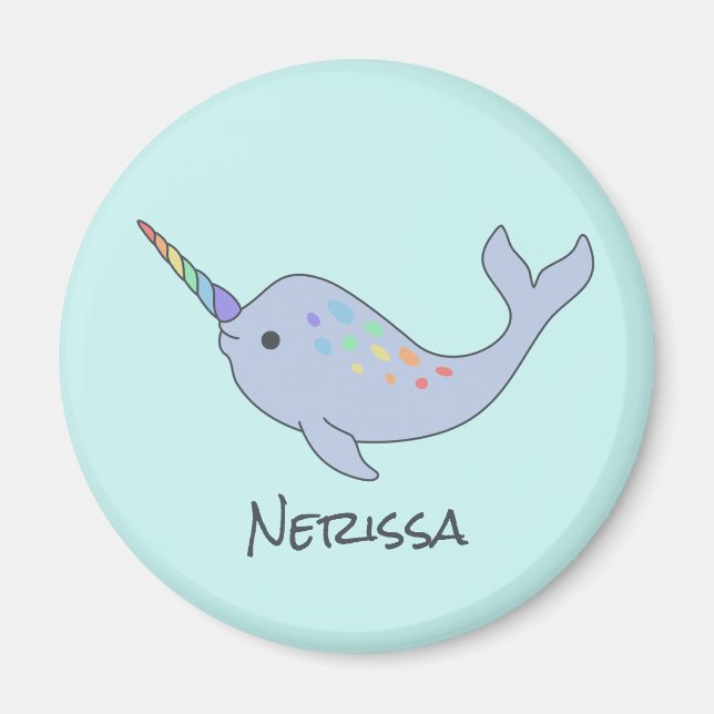 Rainbow Narwhal Name Round Magnet (Front)