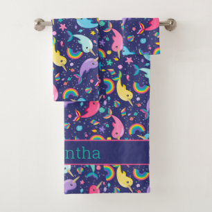 Rainbow Narwhal Under The Sea Girls Personalised Bath Towel Set