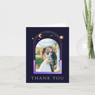 Rainbow Navy Celestial Wedding Photo Thank You Card
