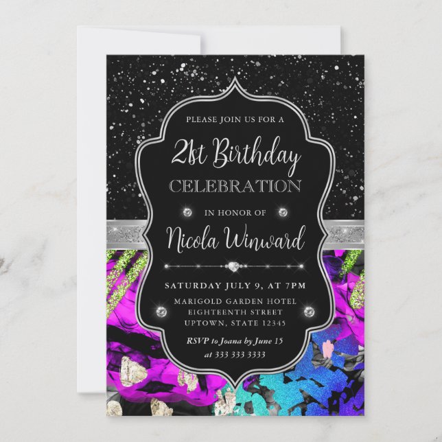 Rainbow Neon Abstract Glitter 21st Birthday Invitation (Front)