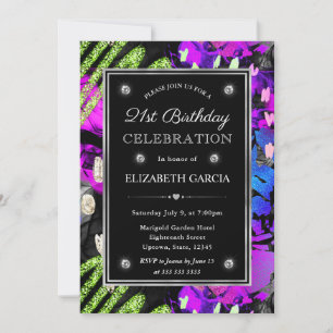 Rainbow Neon Abstract Glitter Frame 21st Birthday Invitation
