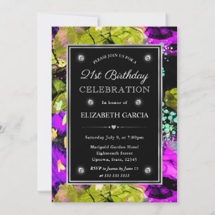 Rainbow Neon Abstract Glitter Frame 21st Birthday Invitation