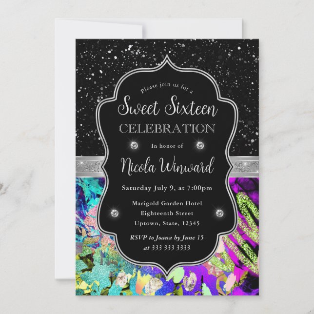 Rainbow Neon Abstract Glitter Sweet 16 Invitation (Front)