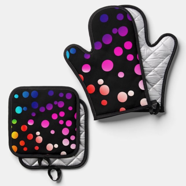 Rainbow Neon Polka Dots Oven Mitt & Pot Holder Set (Front/Back)