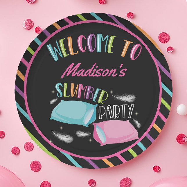 Rainbow Neon Slumber Party Sleepover Personalised Paper Plate (Creator Uploaded)