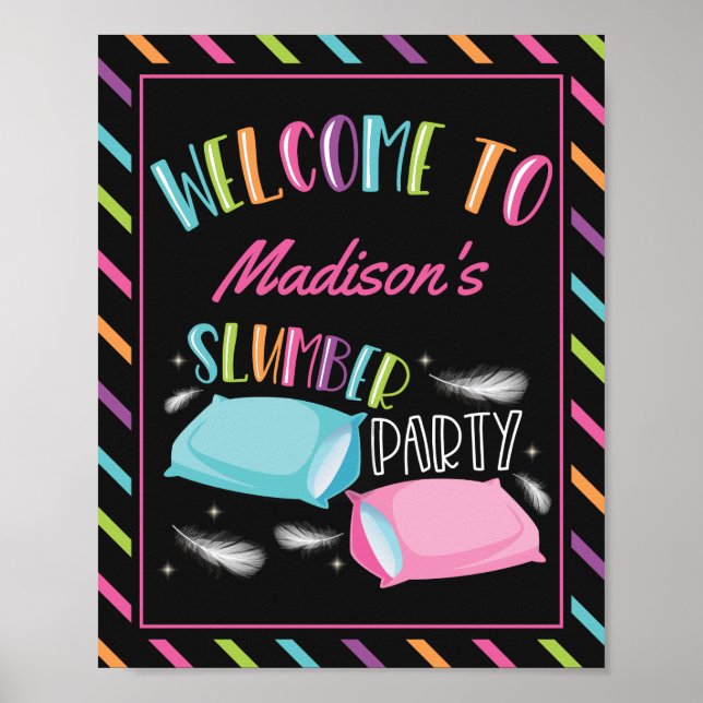 Rainbow Neon Slumber Party Sleepover Welcome Sign (Front)