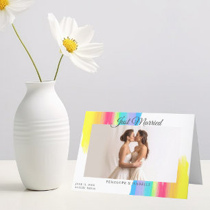 Rainbow Newlywed Photo Modern Just Married Wedding Announcement