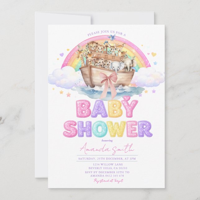 Rainbow Noah’s Ark Baby Shower Glitter Invitation (Front)