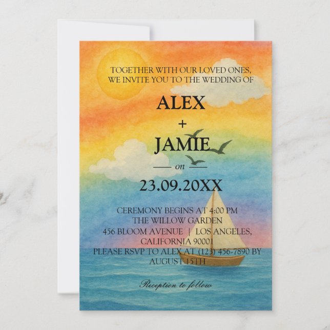 Rainbow Ocean Sunset LGBT Wedding Invitation (Front)