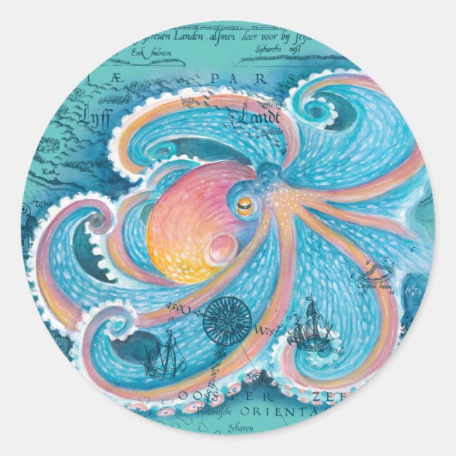 Rainbow Octopus Teal Vintage Map Classic Round Sticker (Front)
