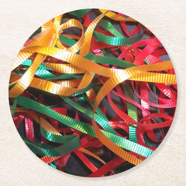 Rainbow of Christmas Ribbons Modern Round Paper Coaster (Front)