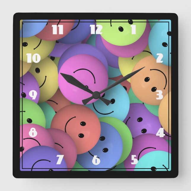 Rainbow of Colourful Happy Faces Square Wall Clock (Front)