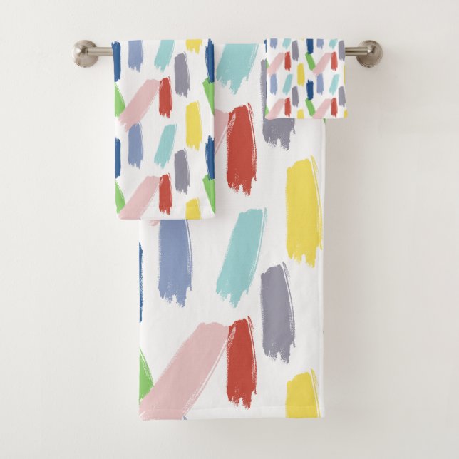 Rainbow of Colours Abstract Paint Strokes Bath Towel Set (Insitu)